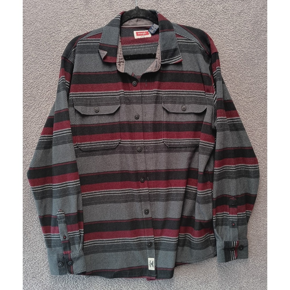 Wrangler Men's Plaid Shirt Jacket L Gray Red Polyester Button Up